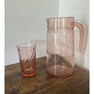 2-PC Vintage Arcoroc‎ Rosaline Pink Swirl Pitcher & Glass Drinking Cup Beautiful